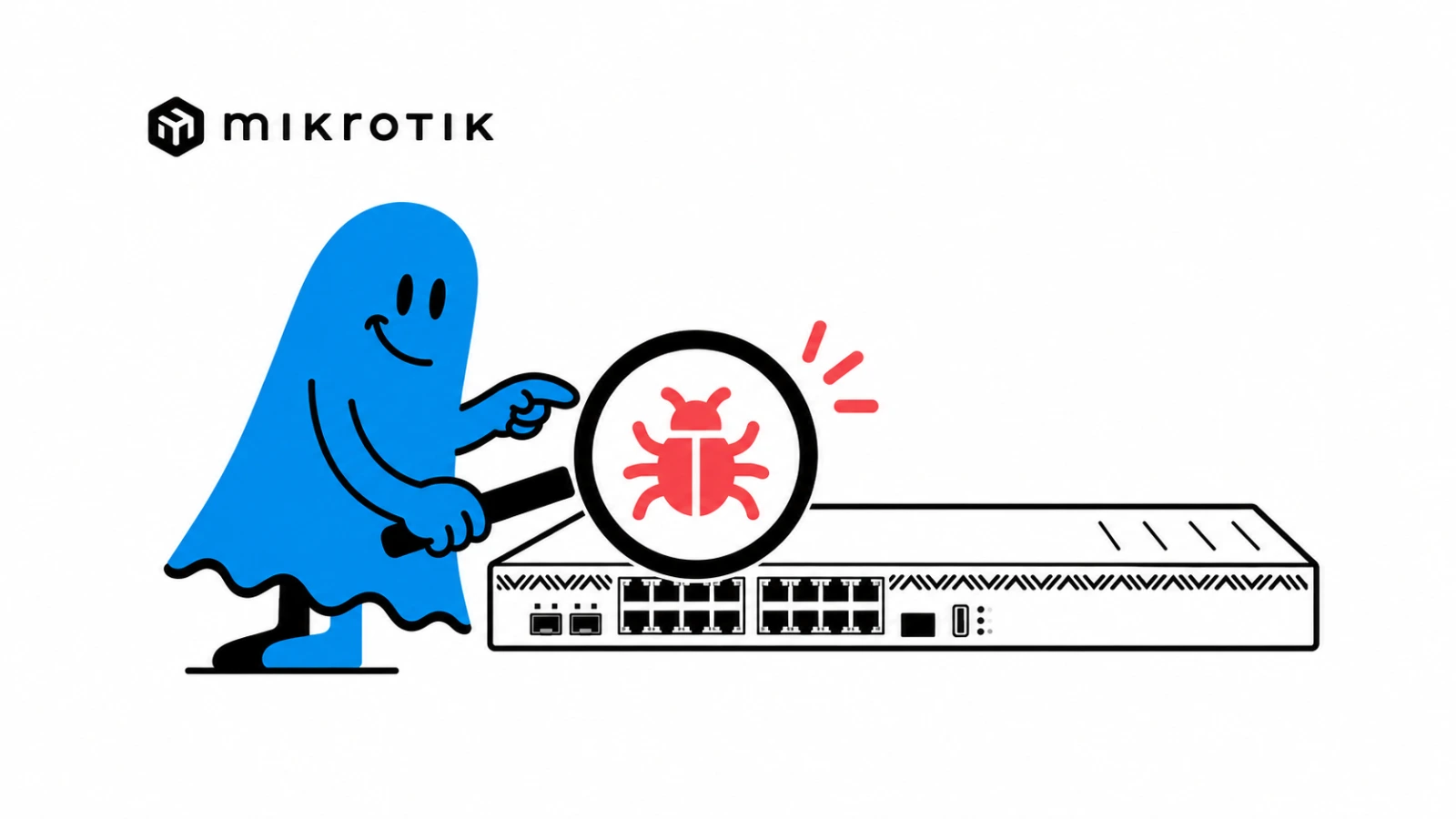 La mascotte BoucheCousue inspecte à la loupe un routeur MikroTik et repère une anomalie rouge symbolisant une compromission. Modèle représenté à titre d’illustration.