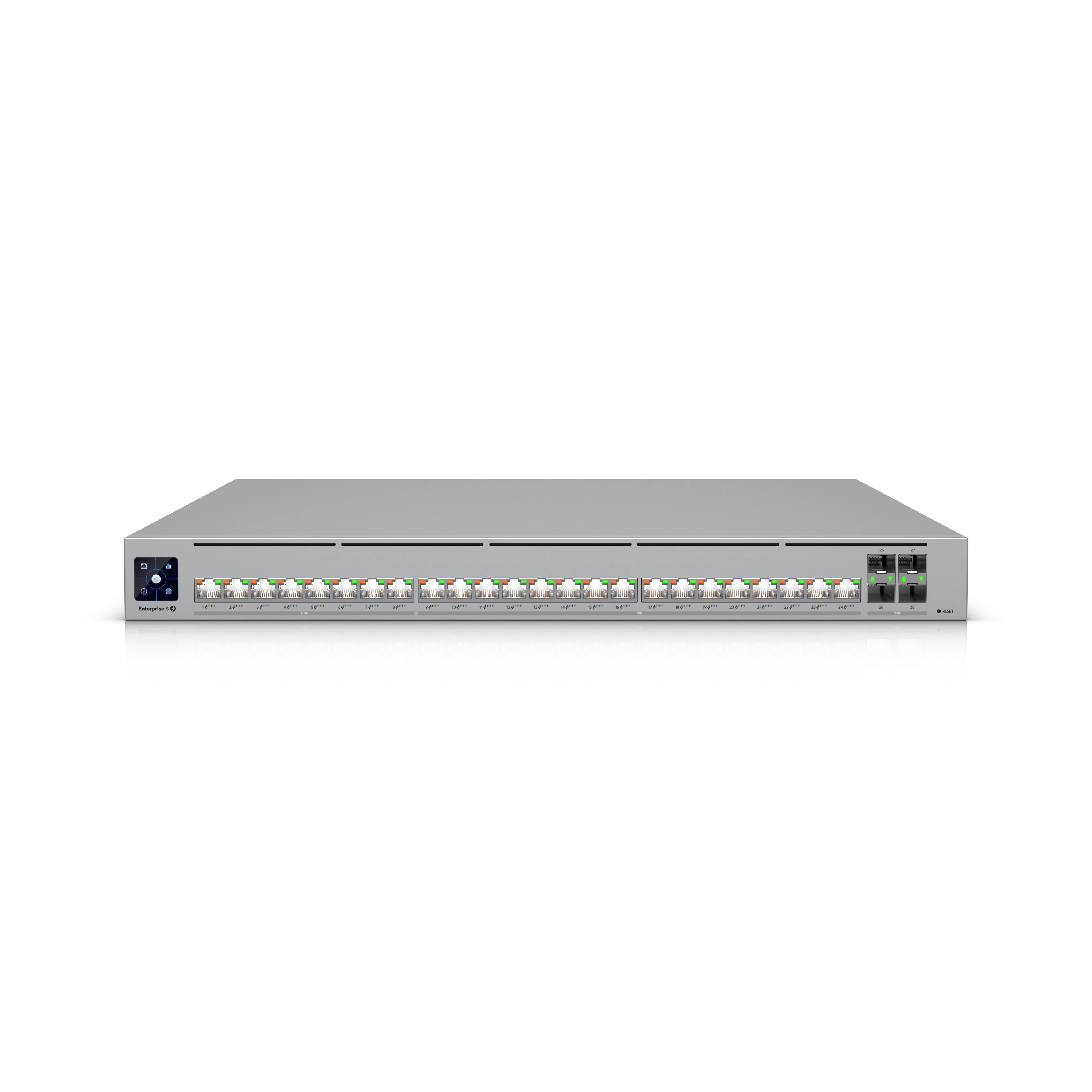 Switch UniFi Enterprise Campus 24S PoE vu de face, avec ses ports RJ45 multigigabit et ses quatre connexions SFP28.