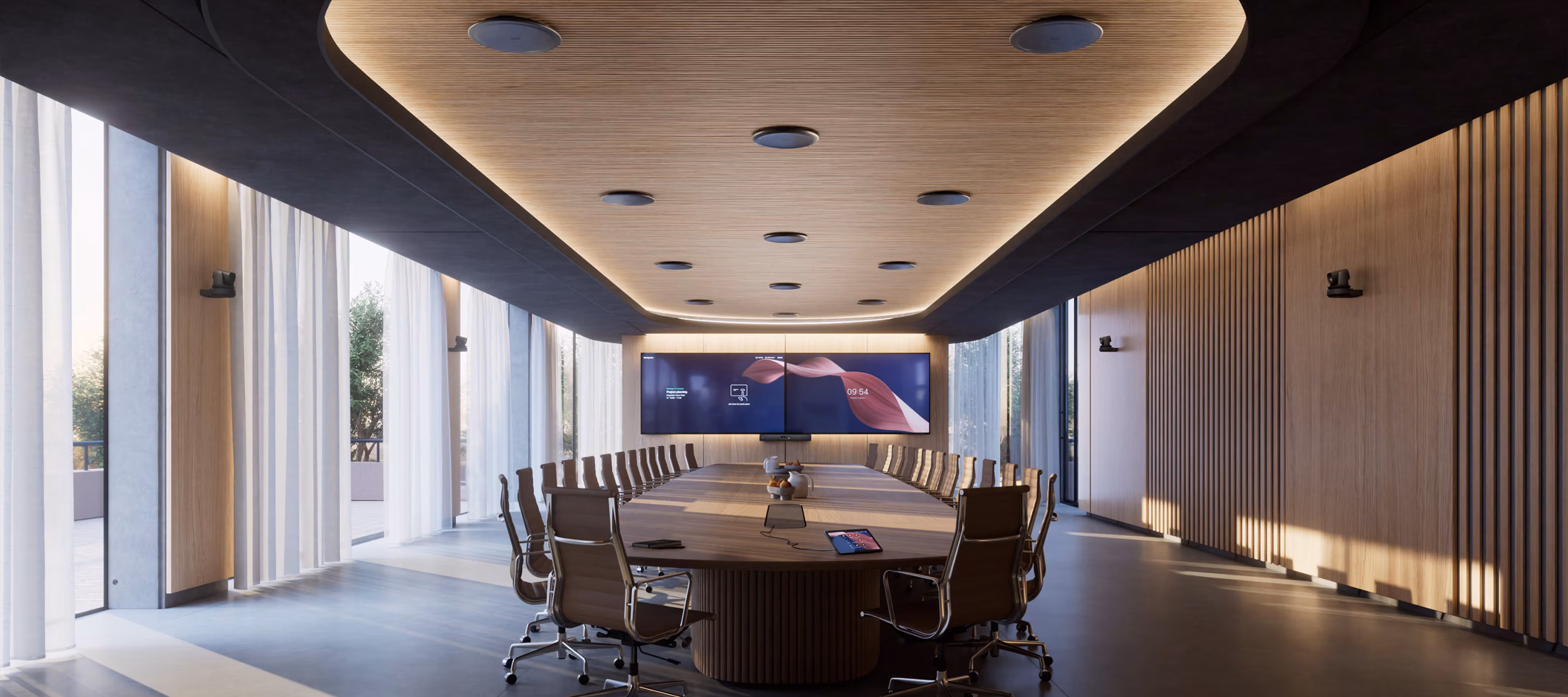 Grande salle équipée de plusieurs enceintes de plafond Cisco Ceiling Speaker Pro.