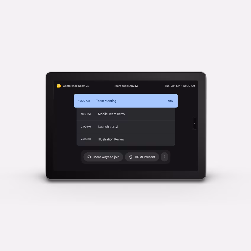 Cisco Room Navigator affichant le calendrier et les commandes d’une salle Google Meet.