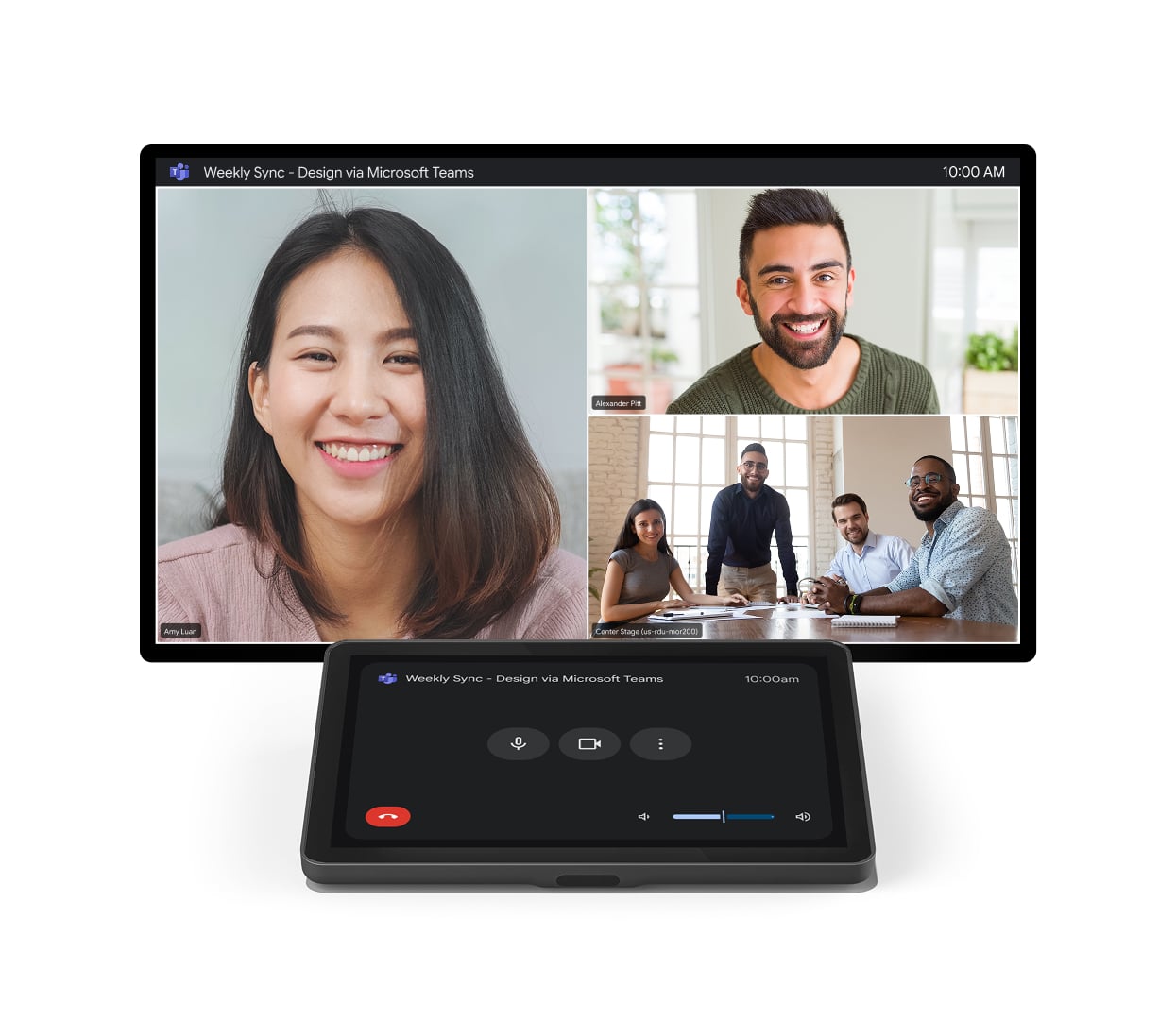 Une réunion Microsoft Teams affichée sur l'écran d'une salle Google Meet et sur son contrôleur tactile, avec les commandes du micro, de la caméra et de l'appel.