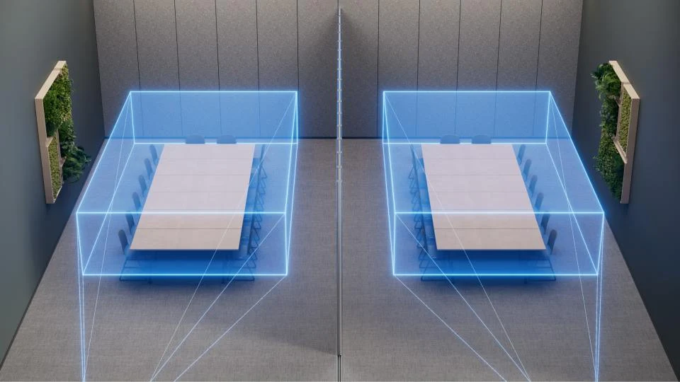 Deux zones d’écoute illustrées de part et d’autre d’une cloison dans une salle divisible.