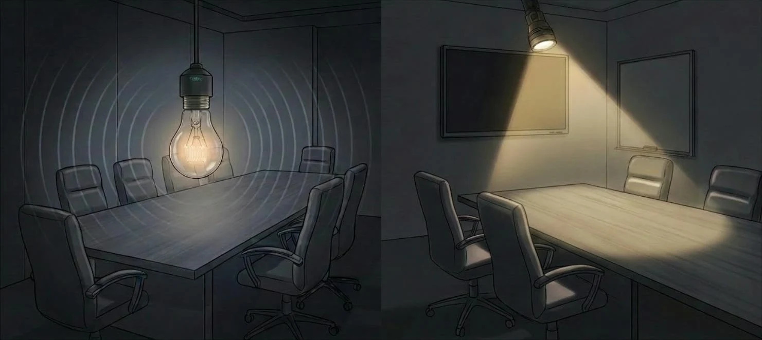 Illustration comparant une ampoule qui éclaire largement une salle et une lumière dirigée vers une zone précise.