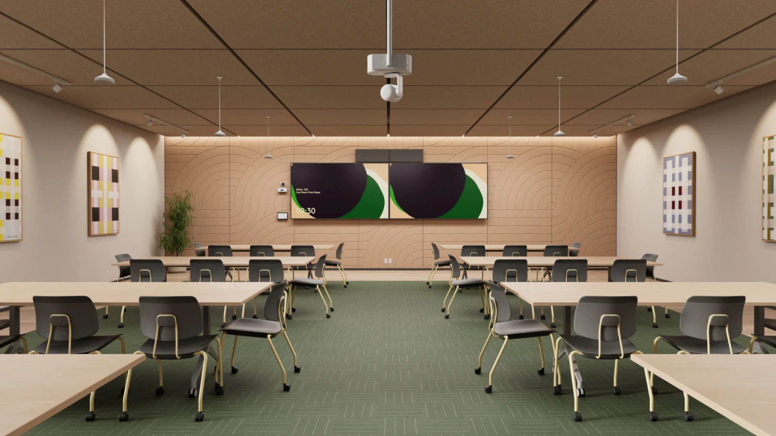 Salle de formation polyvalente avec rangées de tables et deux écrans en façade.