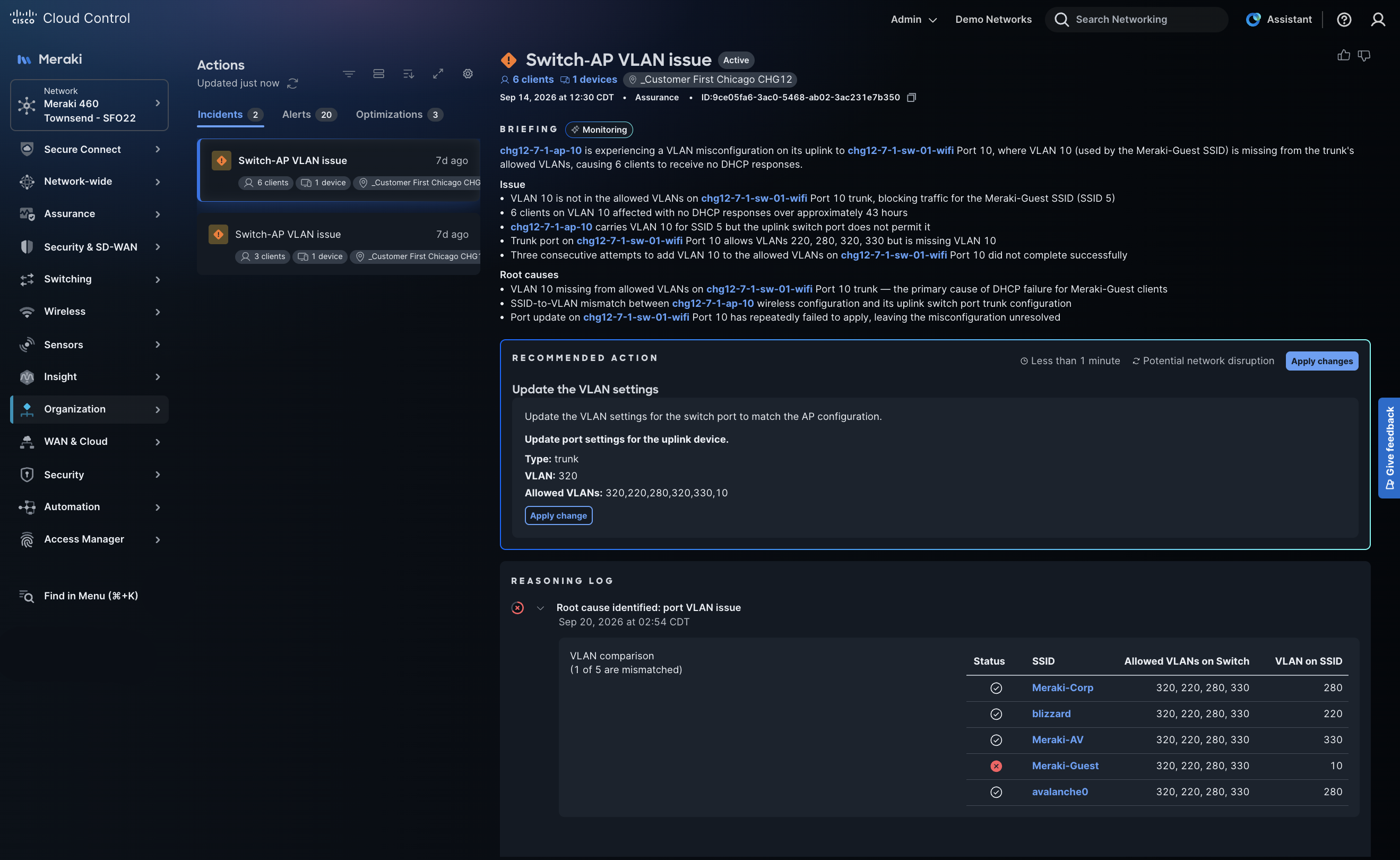 La vue Meraki Actions affiche les incidents à gauche et, à droite, le résumé d’un problème de VLAN entre un switch et une borne, une recommandation et le journal de raisonnement.