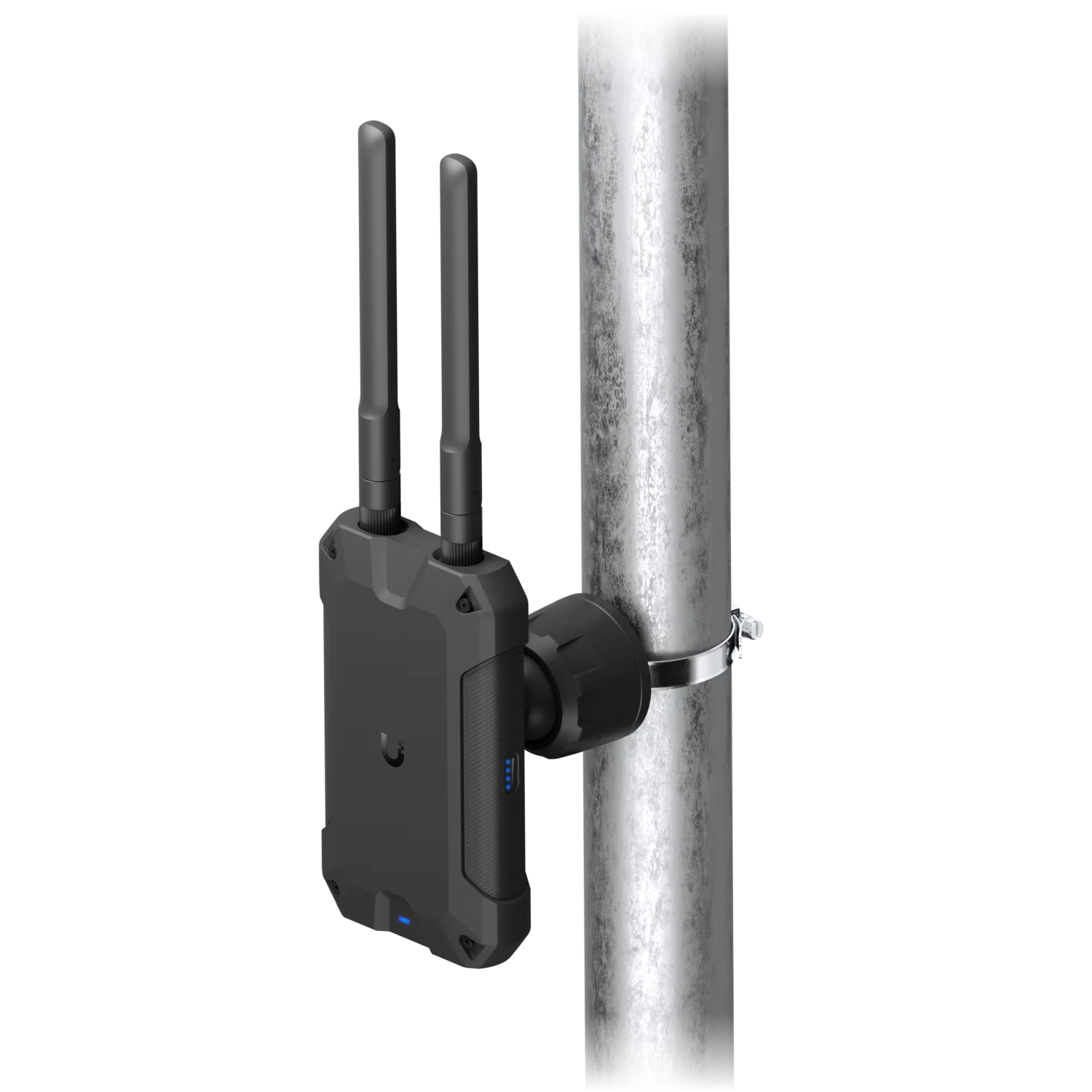 UniFi U7 Industrial installée sur un poteau avec ses deux antennes omnidirectionnelles.