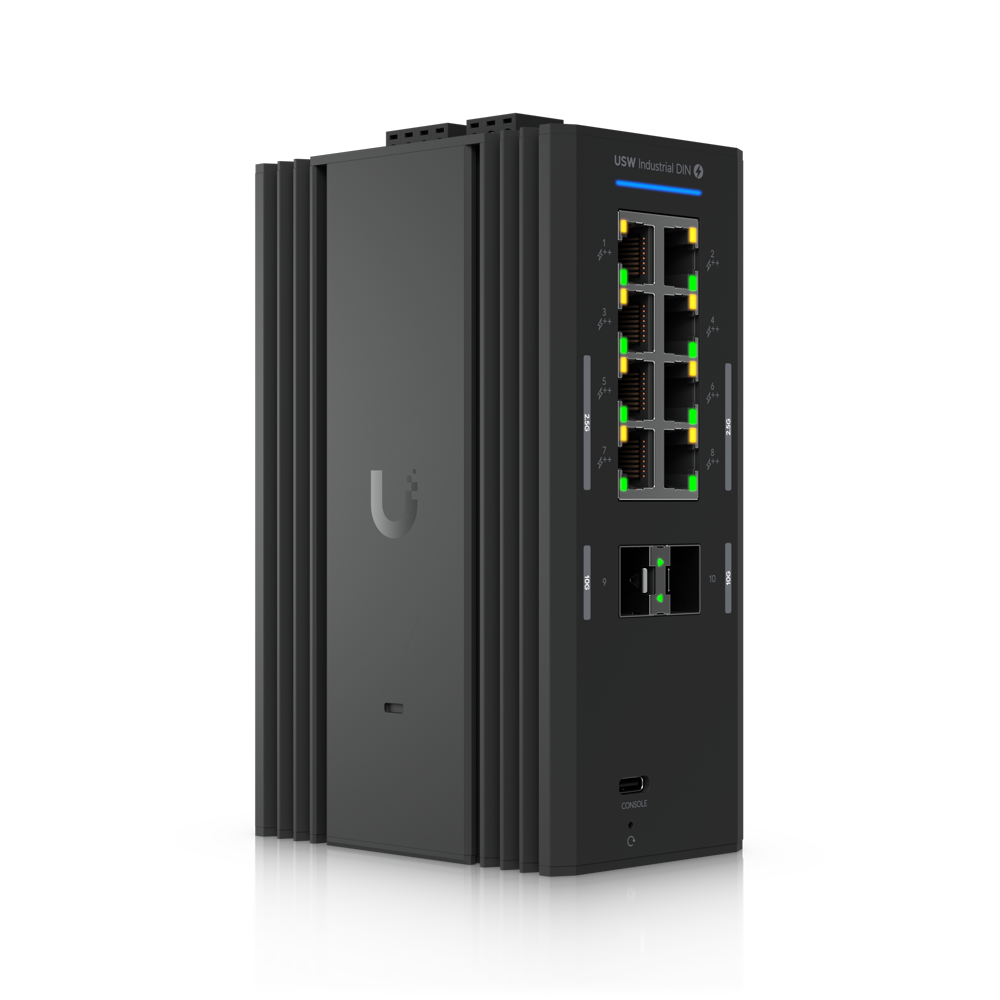 Switch UniFi Industrial DIN 2.5G 8 PoE avec ses huit ports RJ45 et ses deux ports SFP+.