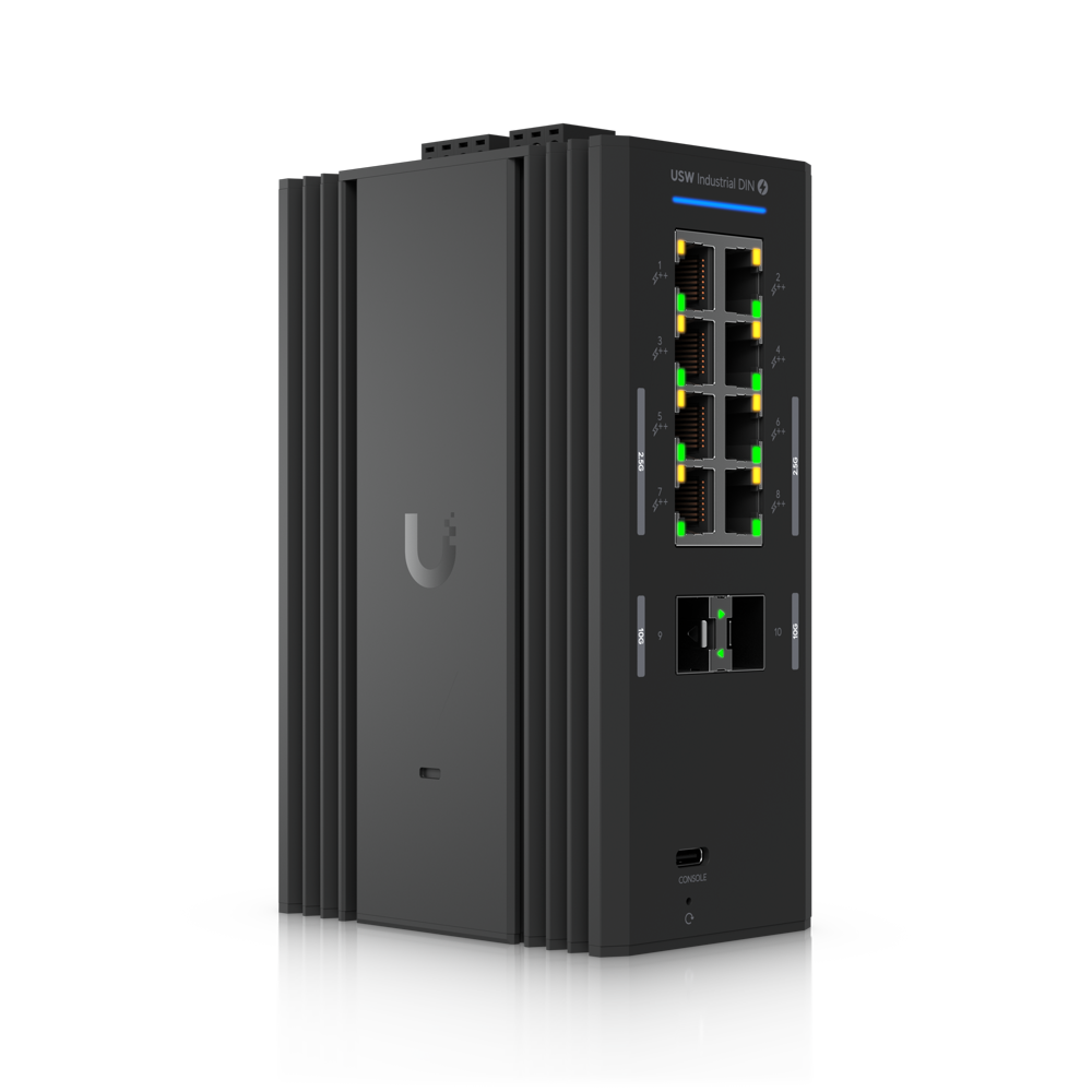 Switch UniFi Industrial DIN 2.5G 8 PoE avec ses huit ports RJ45 et ses deux ports SFP+.