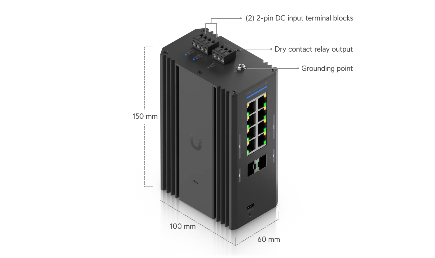 Schéma coté du switch UniFi Industrial DIN montrant son encombrement et ses options de montage.