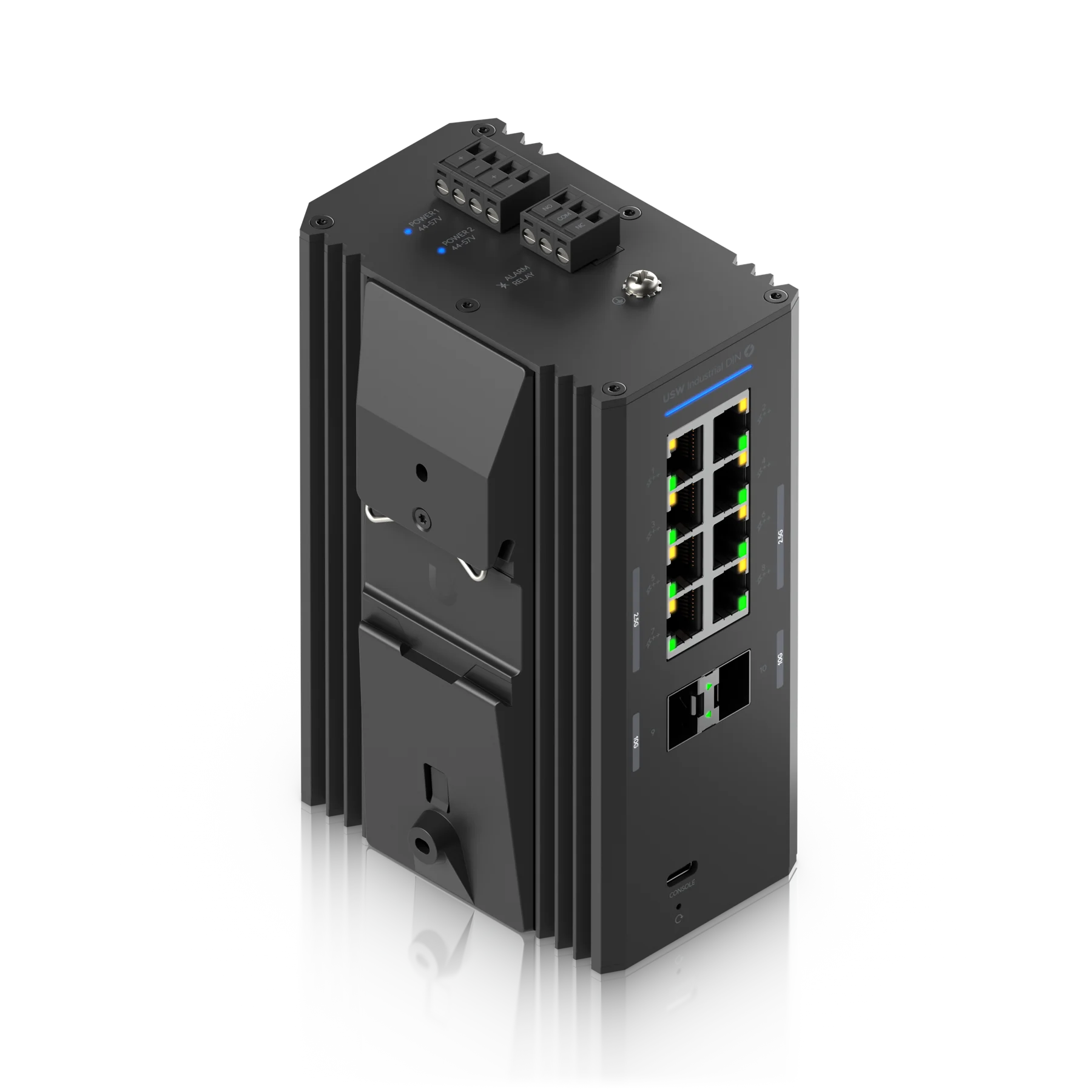 Arrière du switch UniFi Industrial DIN avec son support de fixation sur rail DIN.