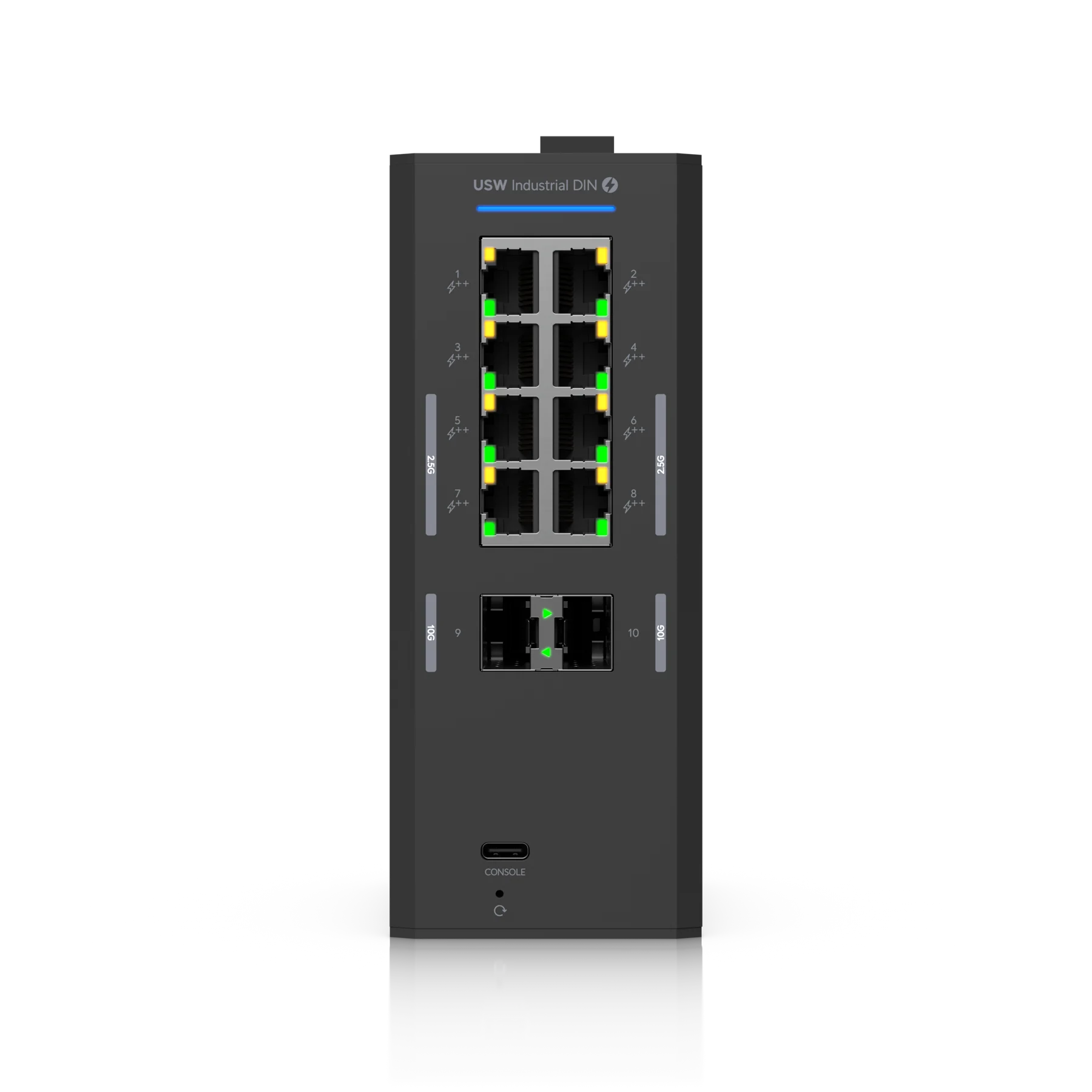 Vue frontale des huit ports RJ45 PoE++ du switch UniFi Industrial DIN, dont quatre ports 2,5 GbE.