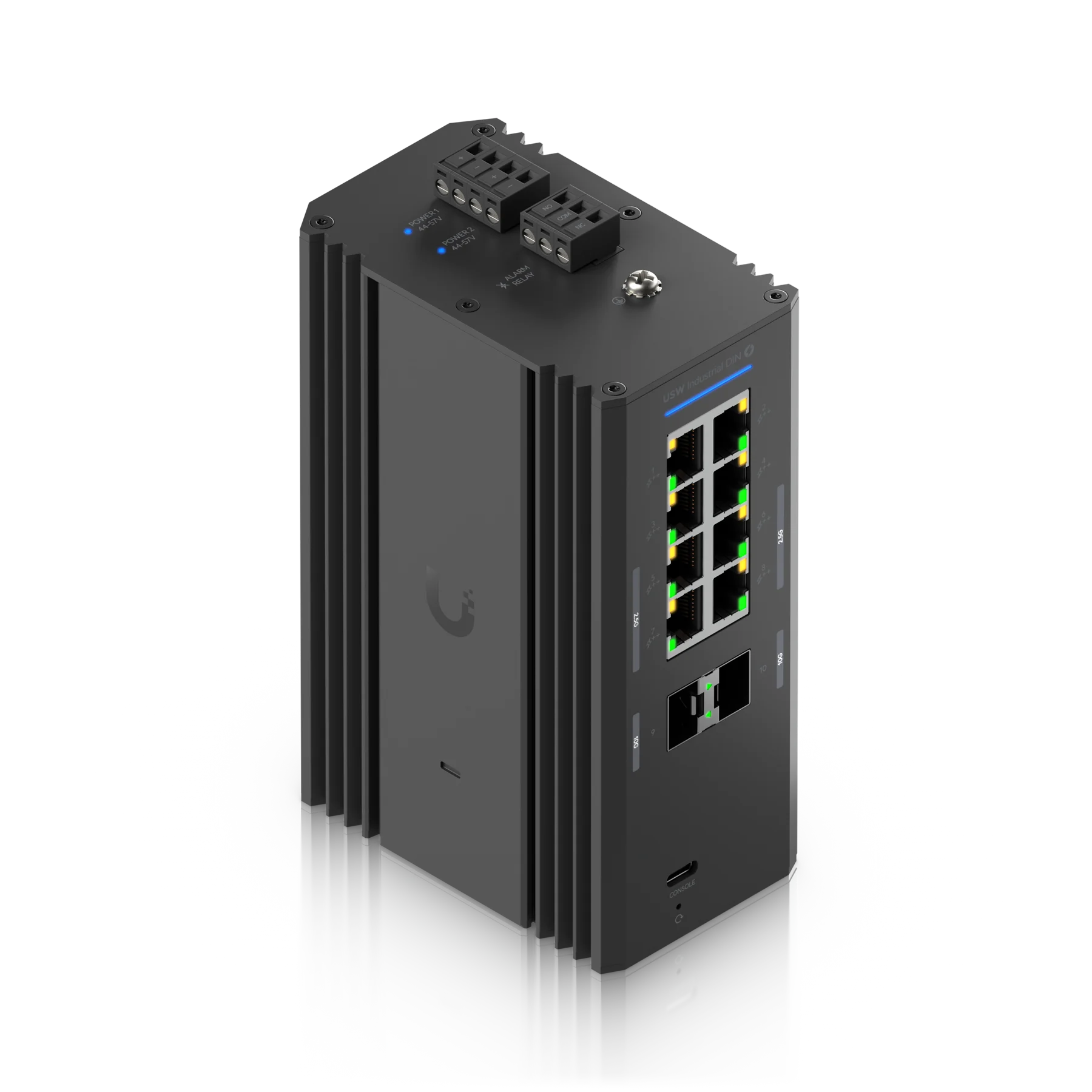 Borniers supérieurs du switch UniFi Industrial DIN pour les deux entrées DC et le relais à contact sec.