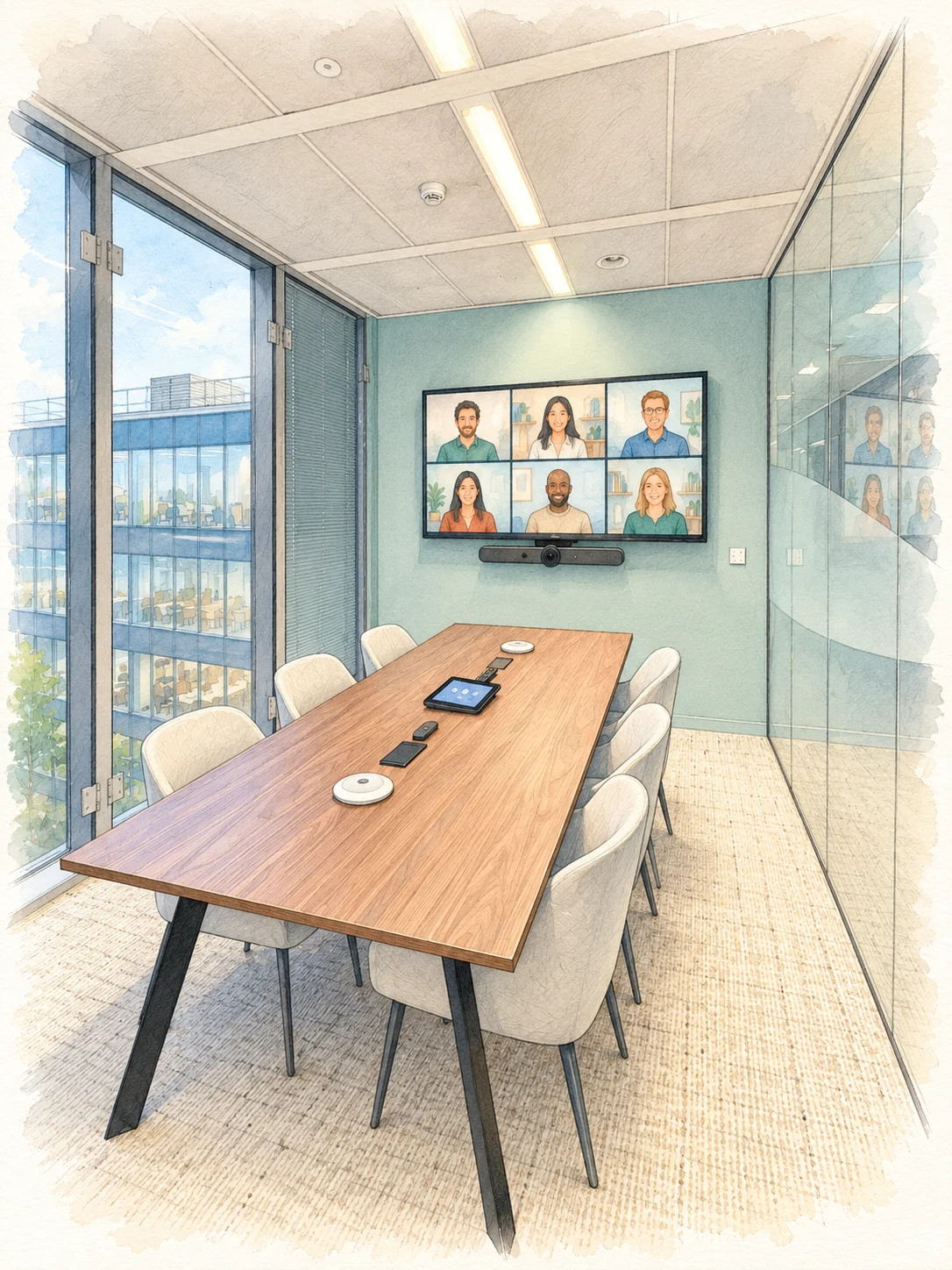 Illustration d’une salle de réunion Silverfin avec écran et commande tactile