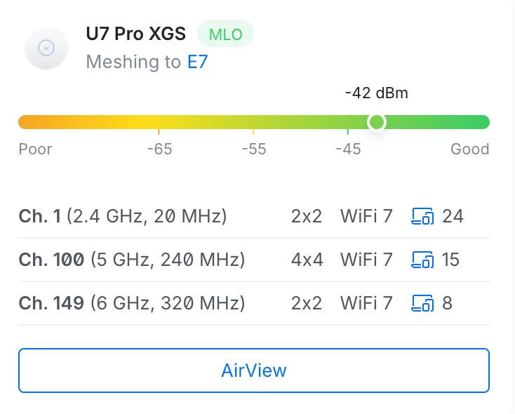 Interface UniFi montrant une U7 Pro XGS reliée en mesh MLO à une E7 sur les bandes 5 et 6 GHz.