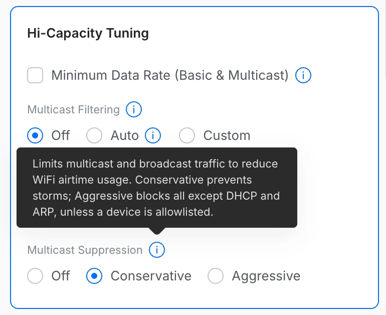 Réglage UniFi Multicast Suppression proposant les modes Conservative et Aggressive.