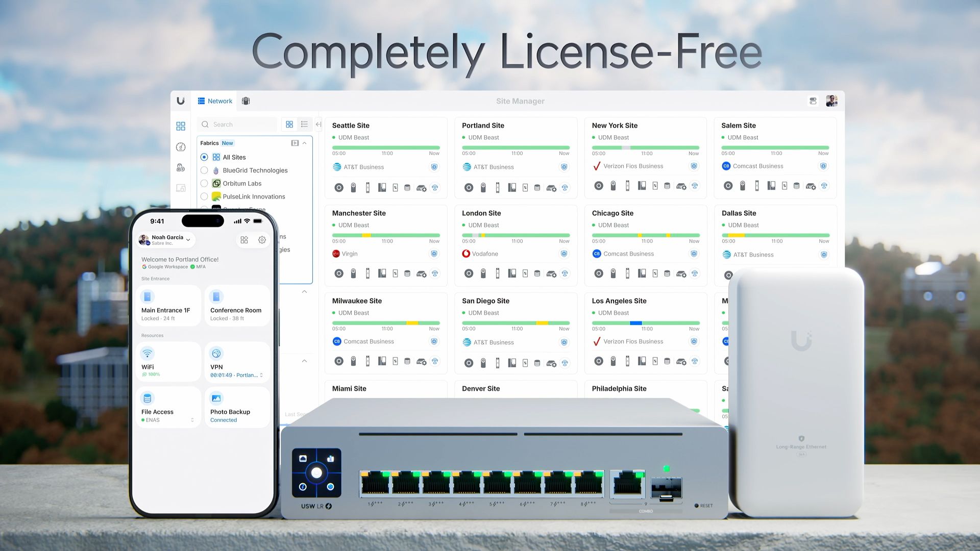Switch et endpoint UniFi Long-Range devant les interfaces mobiles et web de gestion UniFi.