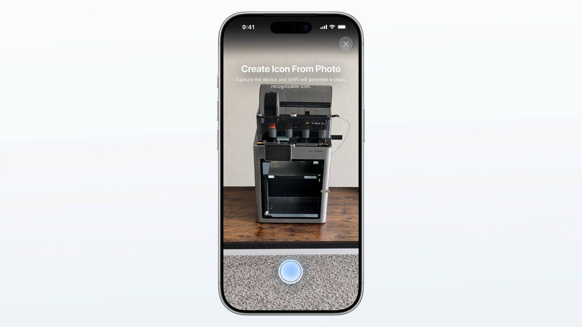 Application mobile UniFi Network 11 créant une icône personnalisée à partir de la photo d’une imprimante 3D