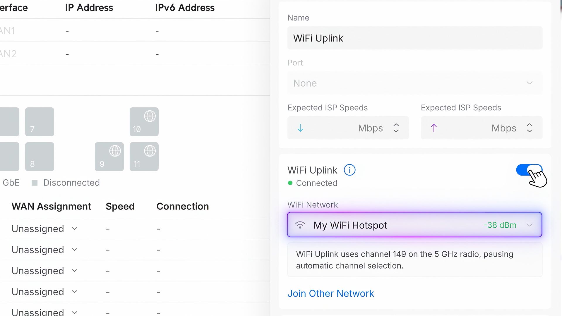 Configuration WiFi Uplink dans UniFi Network 11 avec sélection d’un hotspot comme connexion WAN