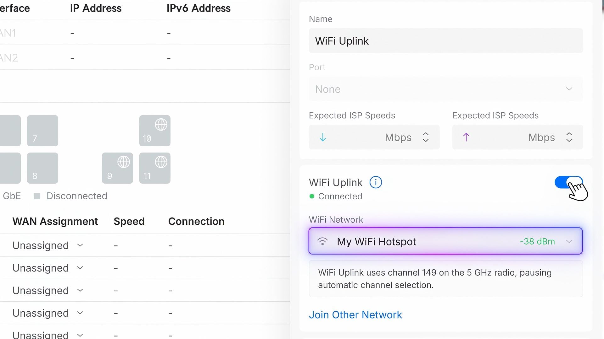 Configuration WiFi Uplink dans UniFi Network 11 avec sélection d’un hotspot comme connexion WAN