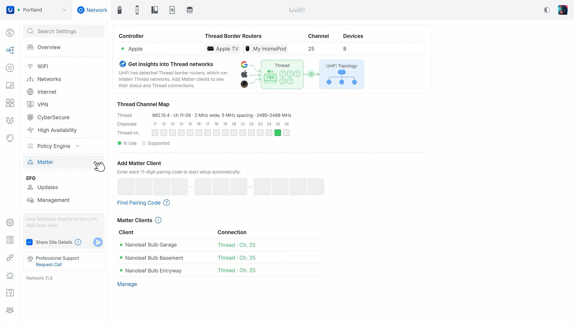 Interface Matter de UniFi Network 11 affichant un contrôleur Apple, des routeurs de bordure Thread et des clients Matter
