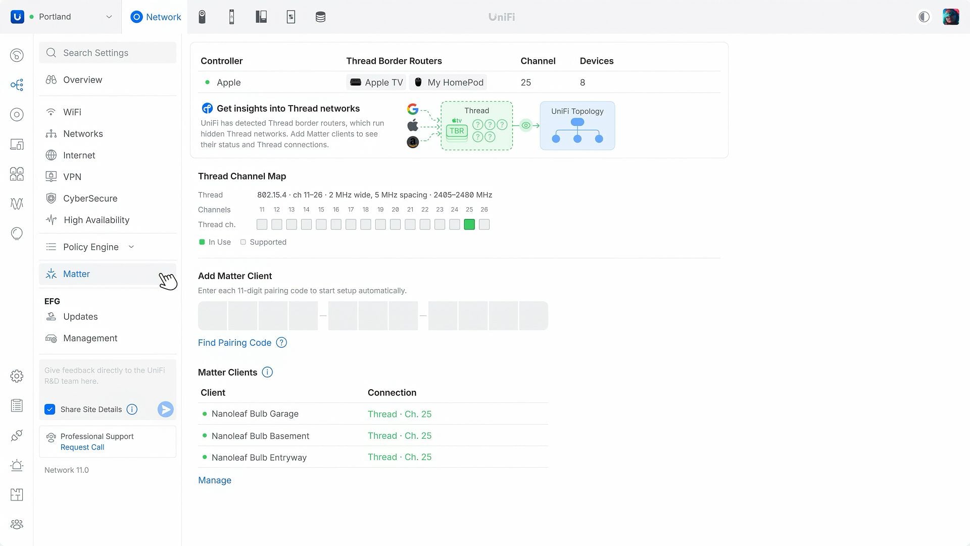Interface Matter de UniFi Network 11 affichant un contrôleur Apple, des routeurs de bordure Thread et des clients Matter