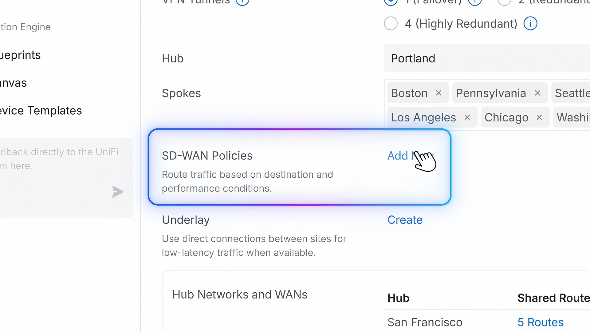 Interface UniFi Network 11 proposant l’ajout de politiques SD-WAN dans une topologie hub-and-spoke multisite