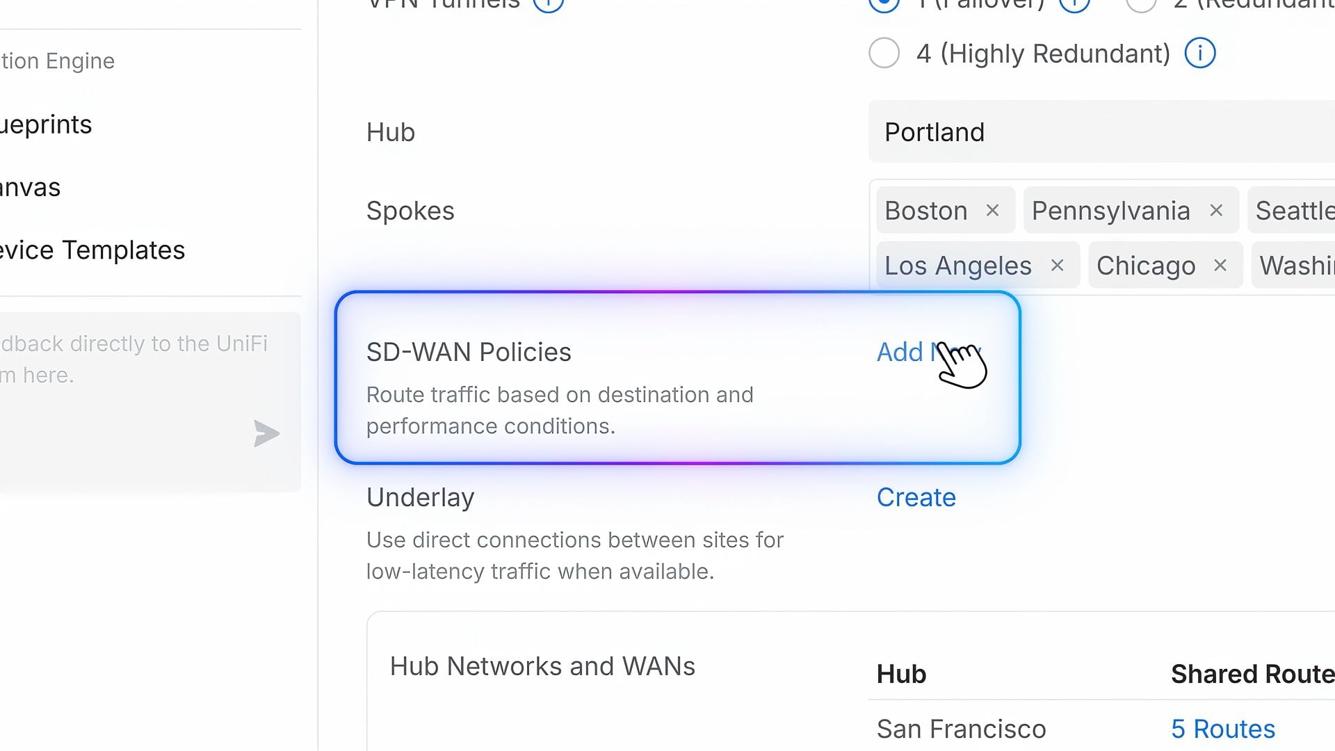 Interface UniFi Network 11 proposant l’ajout de politiques SD-WAN dans une topologie hub-and-spoke multisite